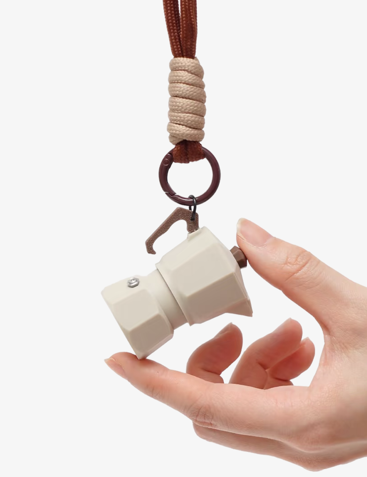 Tiny moka-pot-shaped fidget keychain for coffee lovers