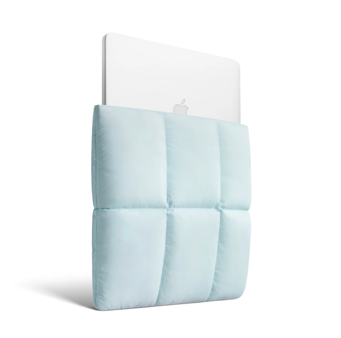 Ice blue quilted puffer laptop sleeve with magnetic closure for 13-14 inch MacBook